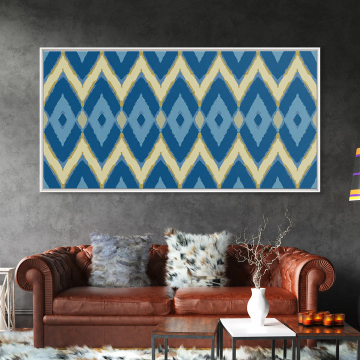 Blue Gold Ikat Chevron Diamond Wall Art, Scandinavian Modern Geometric Print, Mid Century Decor For Bedroom Living Room Home