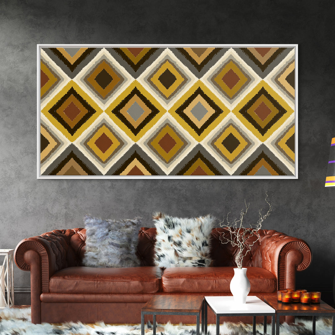 Brown Gold Gray Retro Diamond Pattern Canvas Print, Mid Century Modern Wall Art, Geometric MCM Decor For Living Room Office