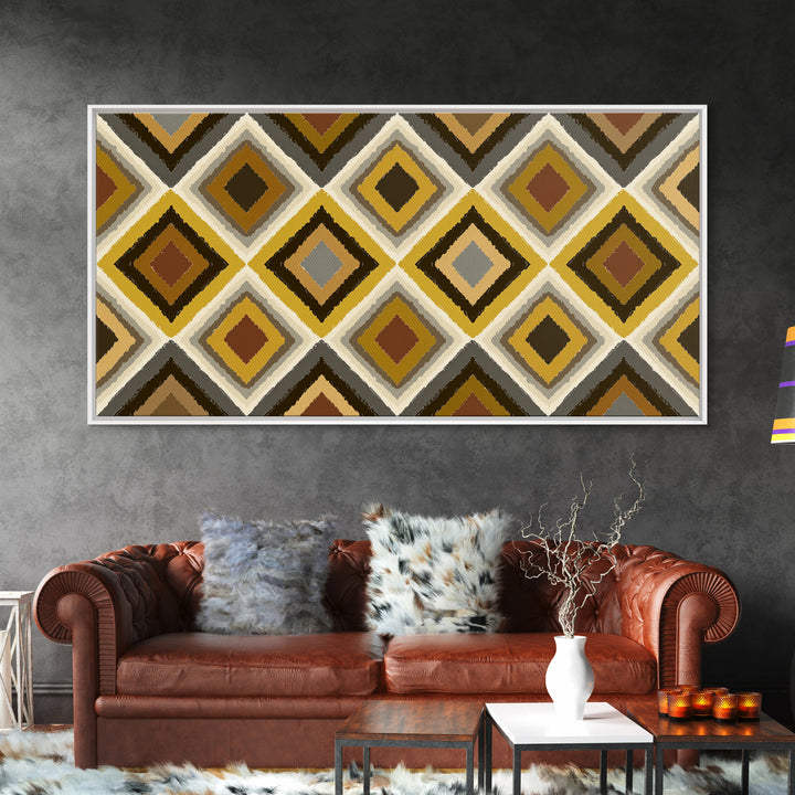 Brown Gold Gray Retro Diamond Pattern Canvas Print, Mid Century Modern Wall Art, Geometric MCM Decor For Living Room Office