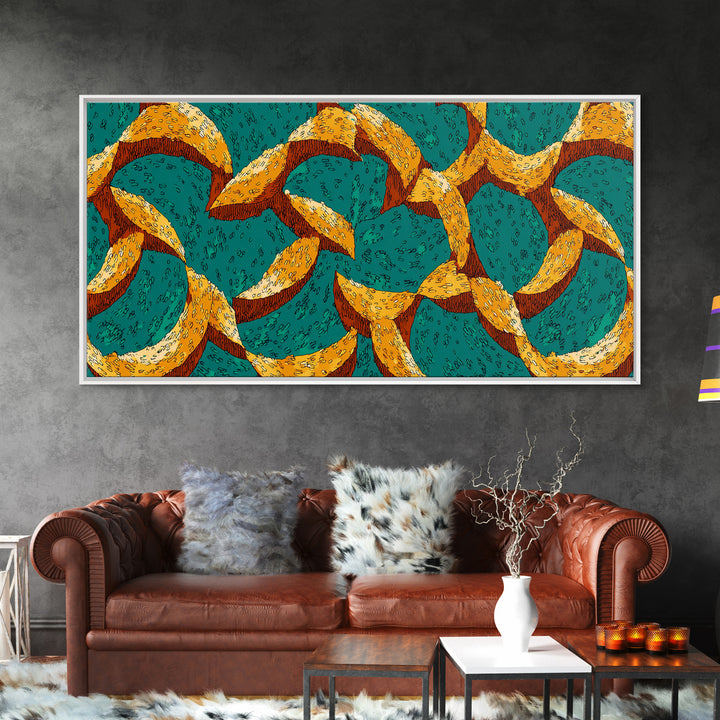 Teal And Mustard Boomerang Atomic Pattern Wall Art, Midcentury Modern Retro Print, Funky Geometric Decor For Home Office