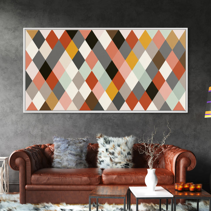 Pastel Orange Gray Harlequin Diamond Wall Art, Mid Century Modern Abstract Print, Geometric MCM Decor For Living Room Office