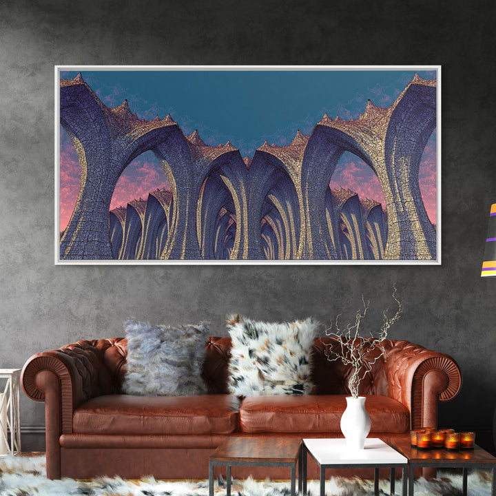 Gothic Blue Arches At Dusk Wall Art, Architectural Art Print, Midcentury Modern Decor, Abstract Wall Decor, Large Canvas