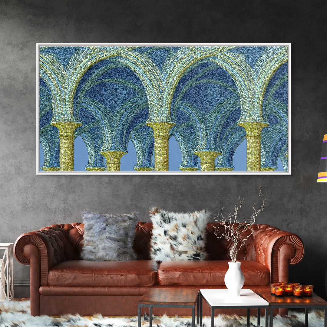 Blue Gold Mosaic Vaulted Arches Framed Canvas Print, Architectural Art, Modern Wall Decor, Midcentury Abstract Art, Blue Art Print