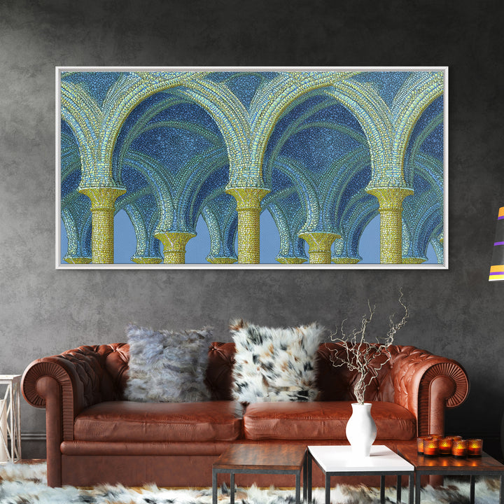 Blue Gold Mosaic Vaulted Arches Framed Canvas Print, Architectural Art, Modern Wall Decor, Midcentury Abstract Art, Blue Art Print