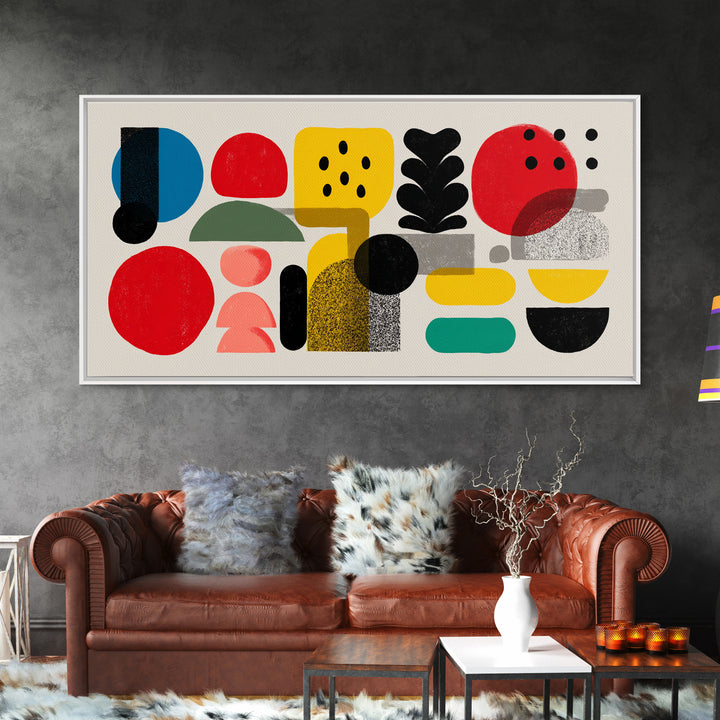 Playful Bauhaus Shapes And Plant Canvas Print, Midcentury Modern Wall Art, Colorful Abstract Decor, Modern Art Print, Home Office Art