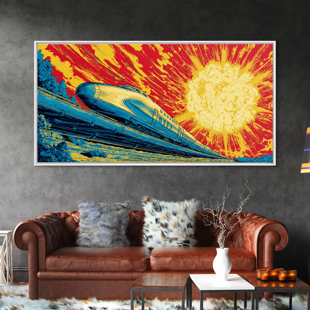 Streamlined Bullet Train Canvas Print, Blazing Solar Sky Poster, Retro Sci Fi Travel Art, Midcentury Modern Wall Decor, MCM
