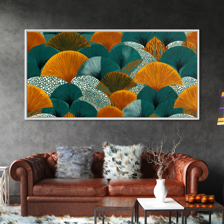 Ginkgo Fan Leaves In Teal Mustard And Aqua Canvas Print, Midcentury Modern Botanical Wall Art, Art Deco Pattern Decor Poster
