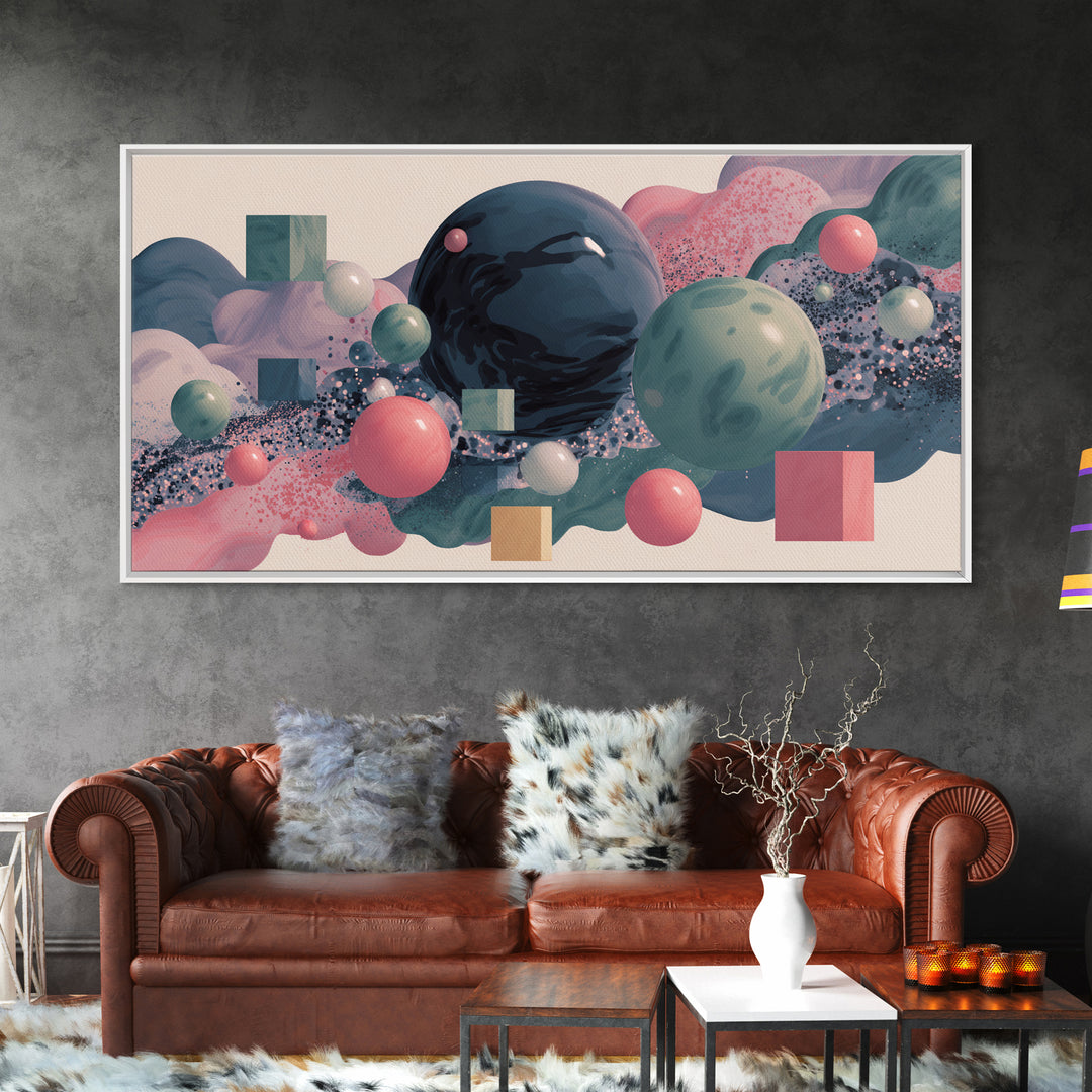 Pastel 3D Spheres And Abstract Cloudscape Framed Canvas Print, Midcentury Modern Wall Art, Retro Modern Home Decor, Gallery Wall Decor