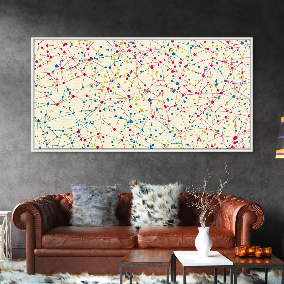 Pink Teal Yellow Connected Dot Pattern Canvas Print, Midcentury Modern Abstract Wall Art, Colorful Geometric Home Office Decor