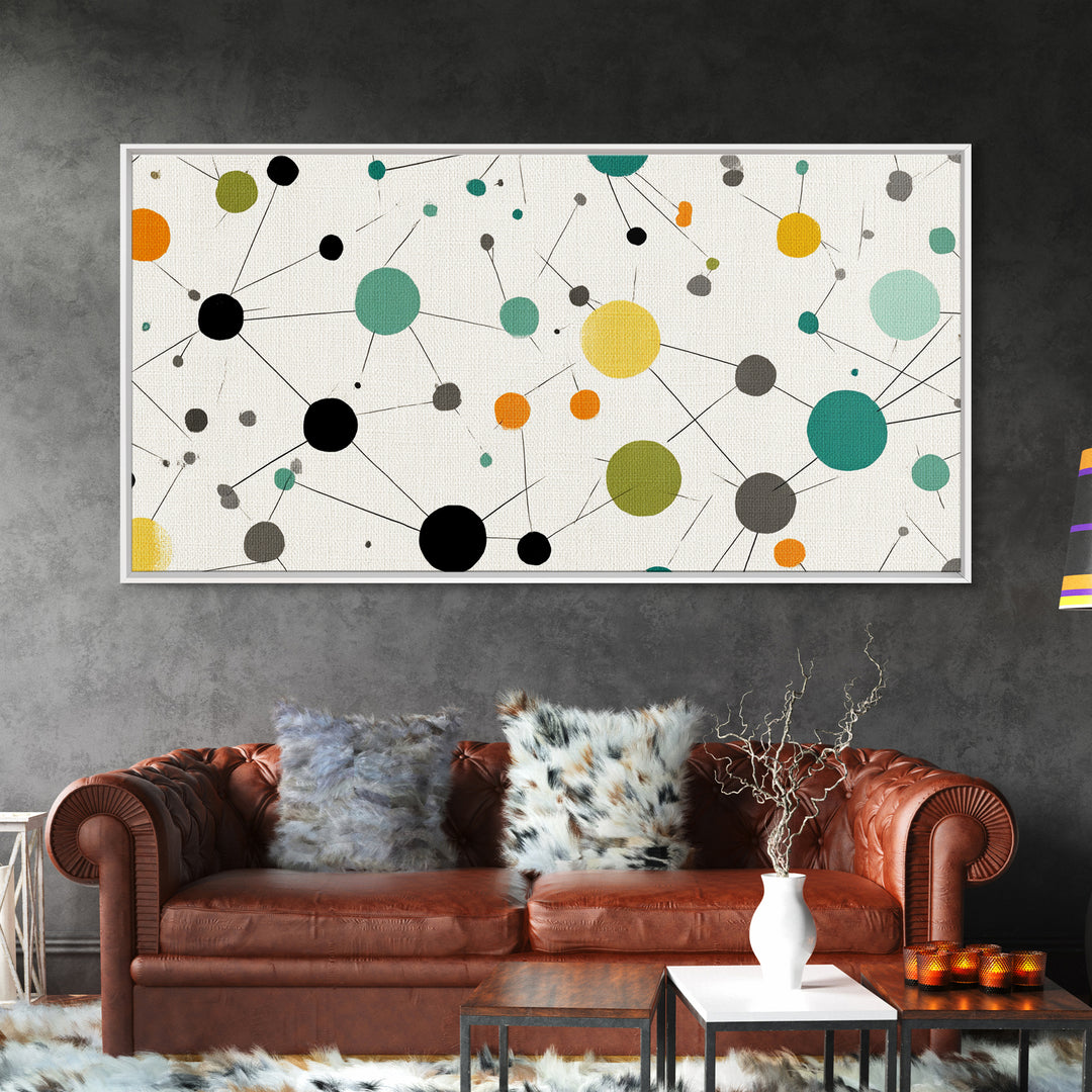 Teal Yellow Orange Atomic Circles Framed Canvas Print, Midcentury Modern Wall Art, Geometric Abstract Office And Home Decor