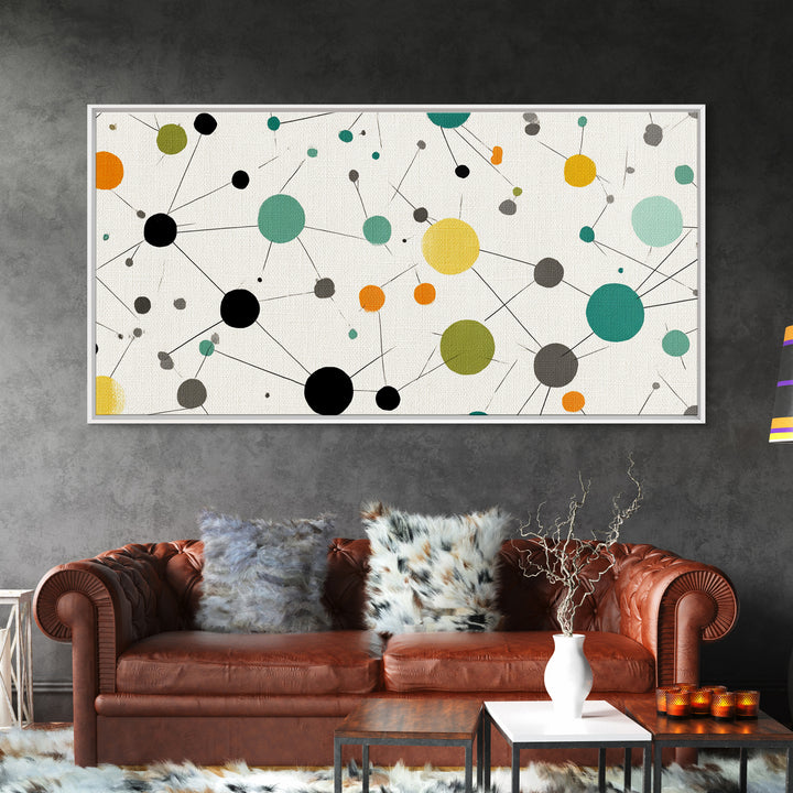 Teal Yellow Orange Atomic Circles Framed Canvas Print, Midcentury Modern Wall Art, Geometric Abstract Office And Home Decor