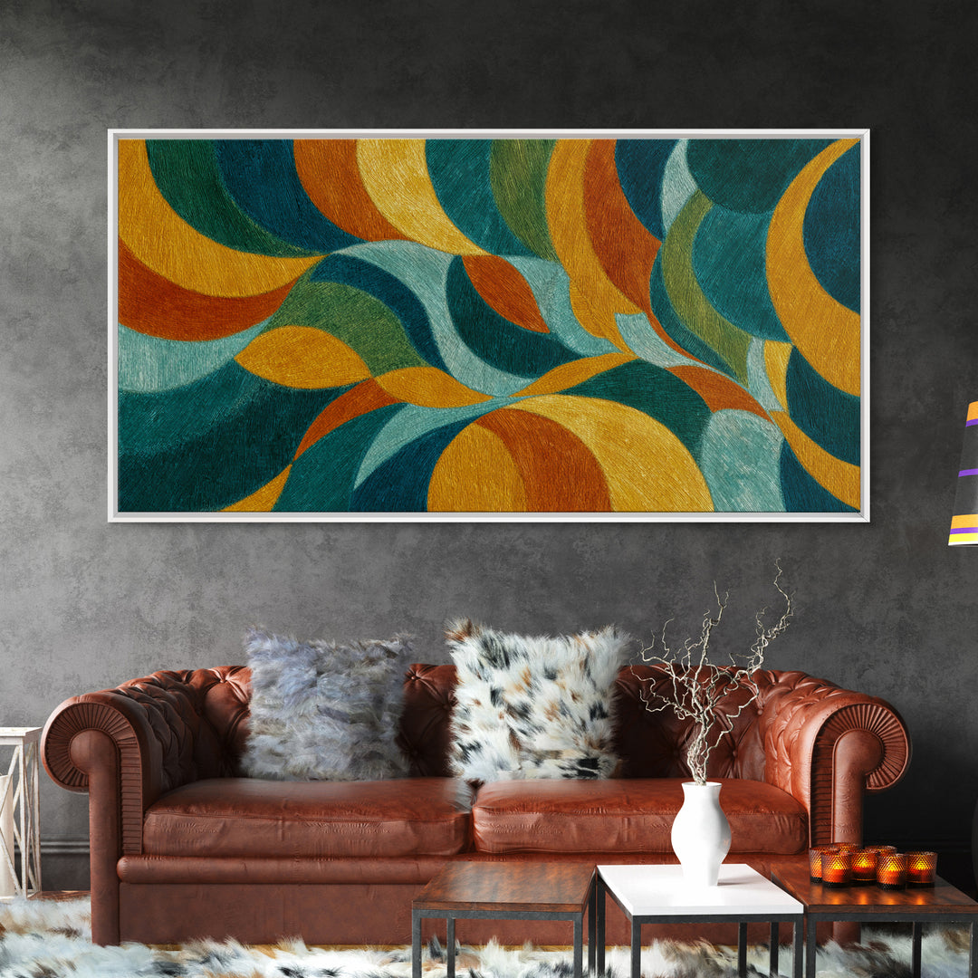Teal Gold Orange Flowing Abstract Wall Art, Midcentury Modern Canvas Print, Retro Geometric Living Room Statement Decor Art