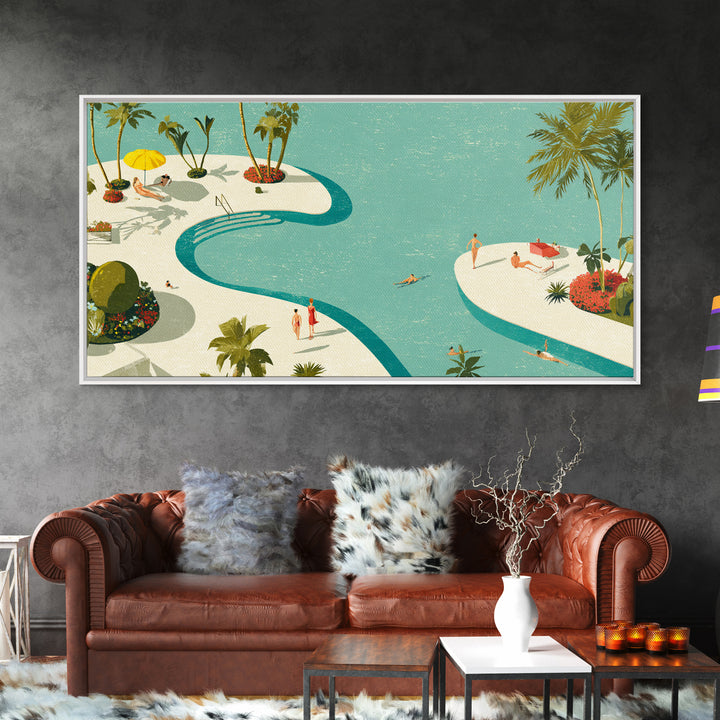 Retro Palm Resort Pool With Turquoise Lagoons Wall Art, Mid Century Modern Decor, MCM Travel Poster, Coastal Home Print Gift