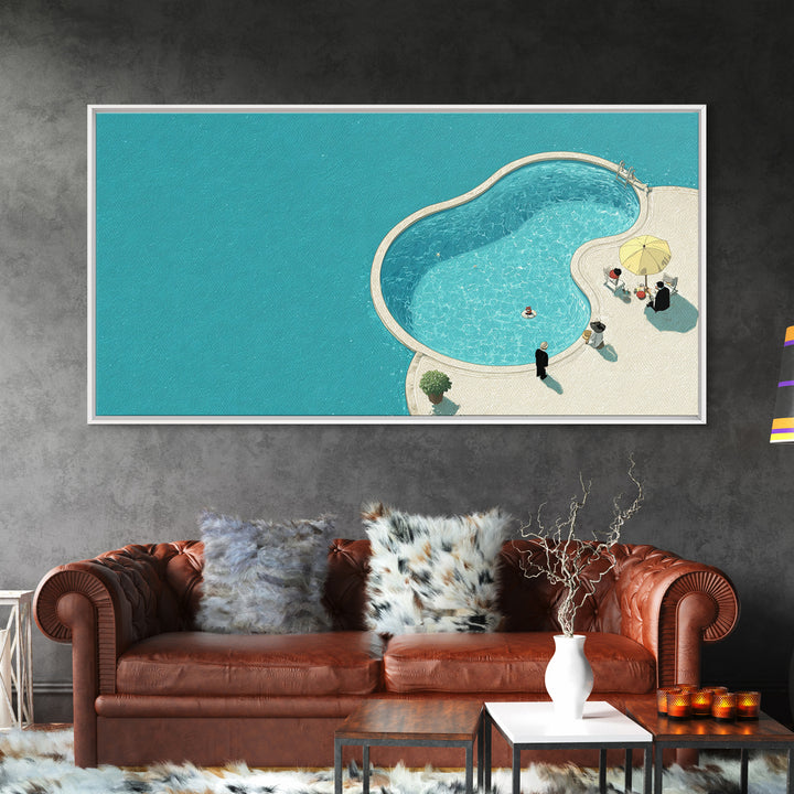 Minimal Aqua Kidney Pool With Umbrellas Canvas Print, Mid Century Modern Wall Decor, Retro Resort Poster, Coastal Pool Art
