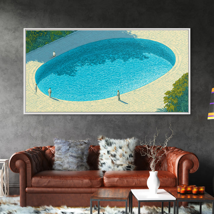 Oval Blue Swimming Pool And Garden Wall Art, Mid Century Modern Decor, Minimalist Coastal Print, Retro Summer Poster, Home Decor