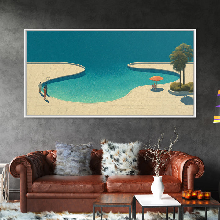 Serene Lagoon Pool With Palm And Umbrella Framed Canvas Print, Mid Century Modern Wall Decor, Retro Coastal Resort Art Poster