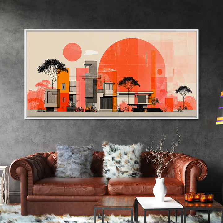 Orange Modernist Architecture And Red Sun Wall Art, Mid Century Modern Decor, Abstract Desert Print, Bauhaus Style Poster