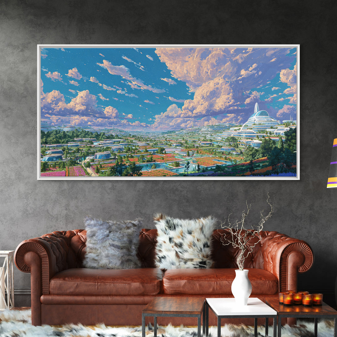 Futuristic Eco City Under Big Clouds Canvas Print, Sci Fi Landscape Wall Decor, Modern Utopia Poster, Panoramic Home Art