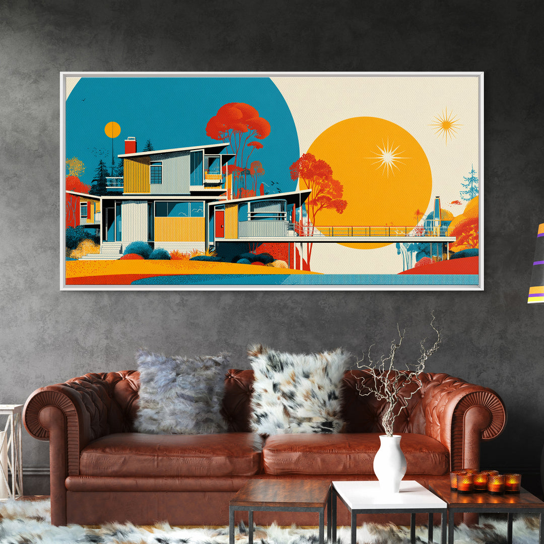 Midcentury House With Teal Arch And Golden Sun Wall Art, Mid Century Modern Decor, Retro Geometric Poster, Orange Print Gift