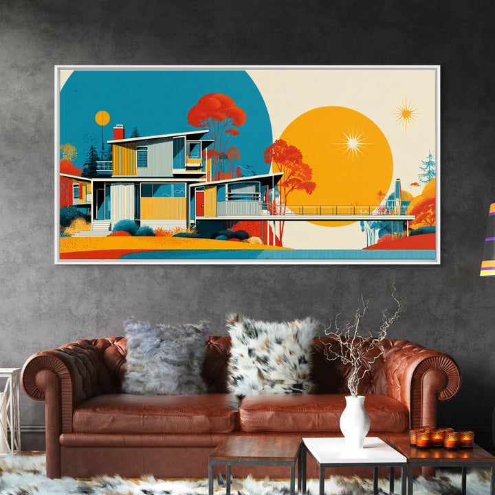 Midcentury House With Teal Arch And Golden Sun Wall Art, Mid Century Modern Decor, Retro Geometric Poster, Orange Print Gift