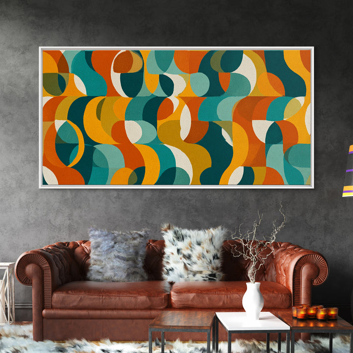 Teal Orange Mustard Geometric Pattern Canvas Print, Midcentury Modern Wall Art, Retro Bauhaus Living Room Decor, Bold MCM Home Decor Art