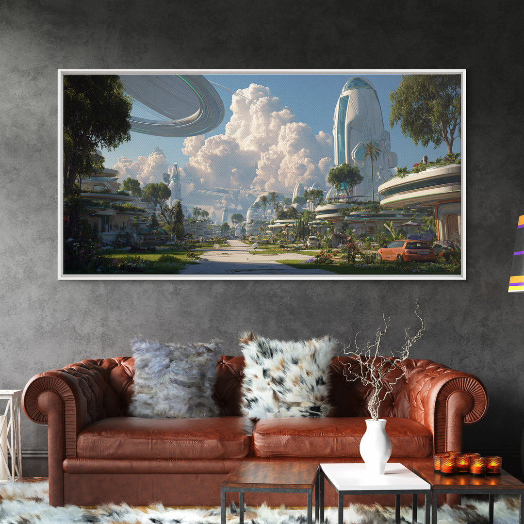 Futuristic Garden City With Rings And Towers Canvas Print, Sci Fi Wall Decor, Modern Landscape Poster, Eco Utopia Home Art