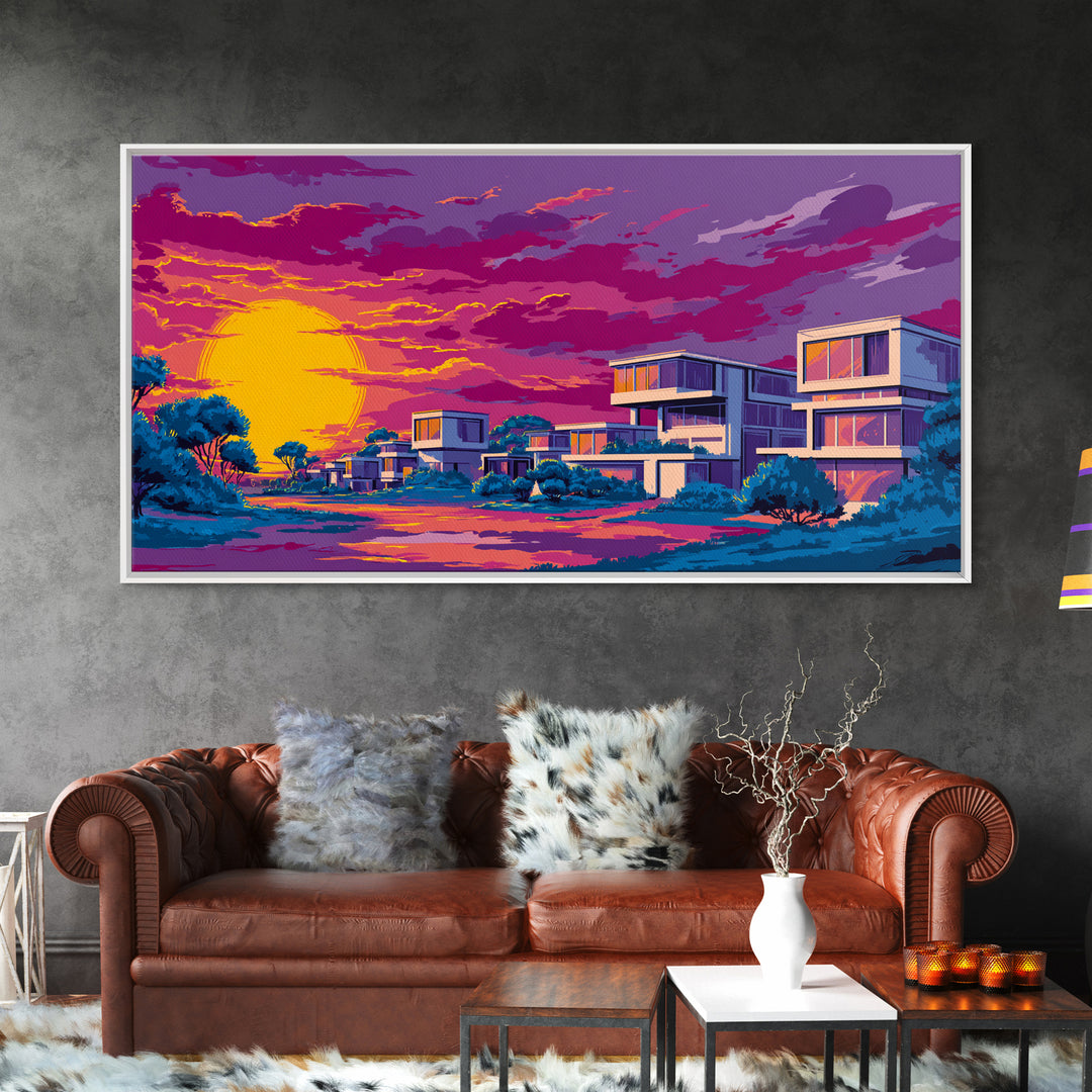 Vibrant Sunset Midcentury Homes Wall Art, Retro Modern Landscape Print, Palm Springs Decor, Colorful MCM Living Room Art