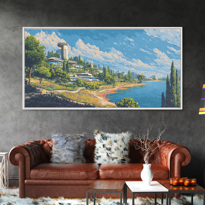 Sunny Lake Como Futuristic Villas Framed Canvas Print, Midcentury Modern Wall Art, Scenic Travel Poster, Blue Home Decor Print