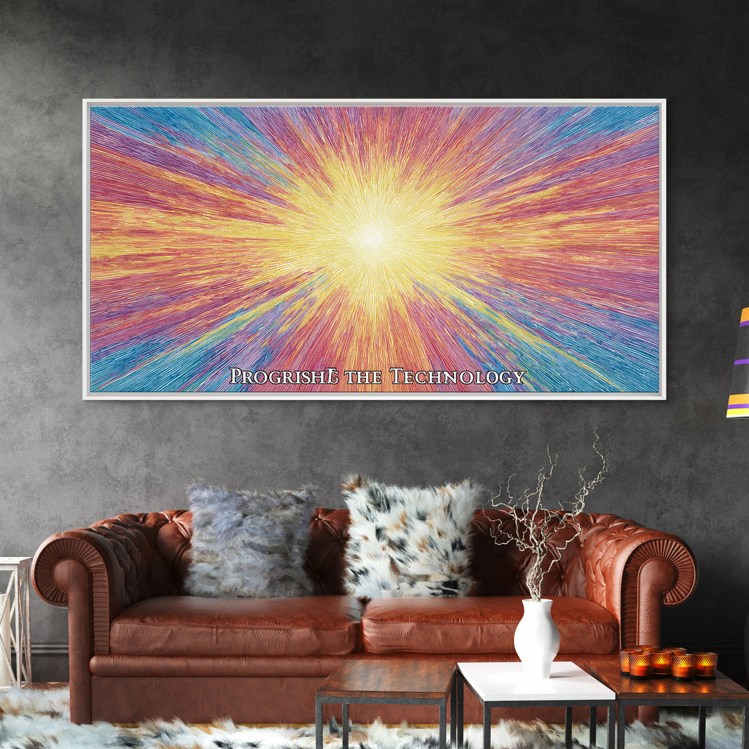 Golden Progress Technology Sunburst Wall Art, Psychedelic Op Art Print, Retro Futuristic Poster, Colorful Office Decor Gift