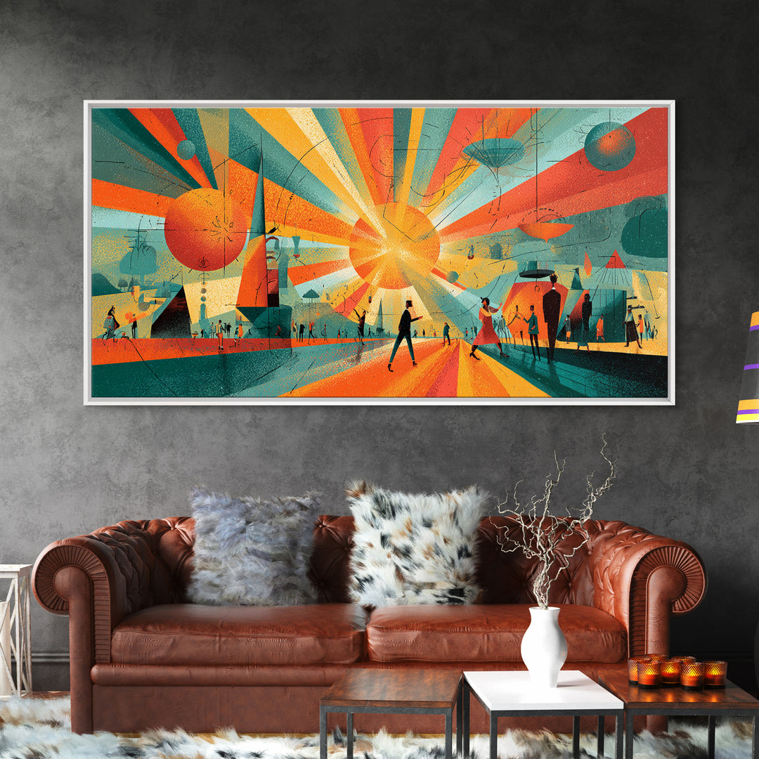 Futuristic Orange Teal City Plaza Framed Canvas Print, Atomic Midcentury Modern Wall Art, Geometric Retro Decor Poster Print