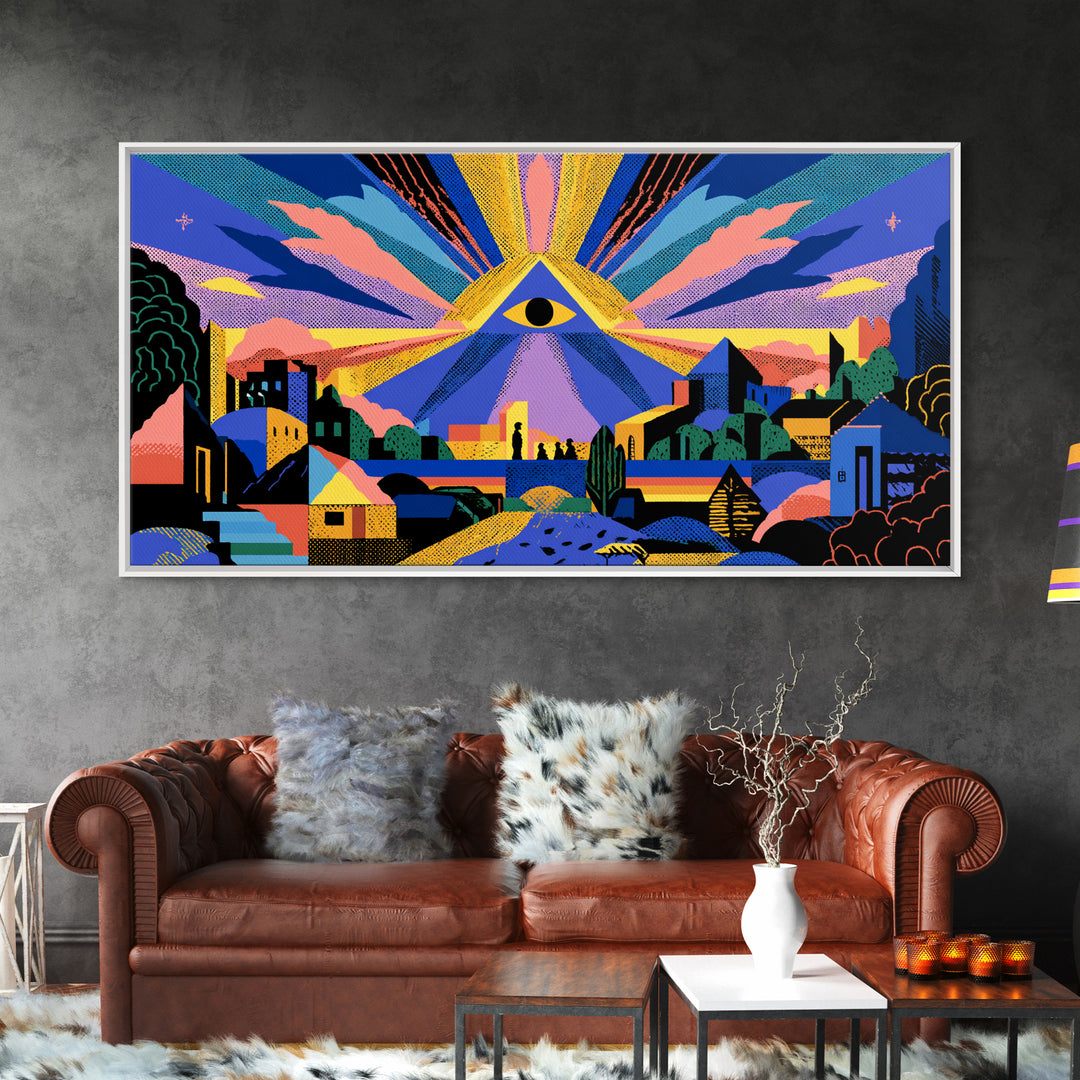 All Seeing Eye Over Colorful City Wall Art, Spiritual Midcentury Modern Print, Psychedelic Retro Poster, Mystical Decor Gift