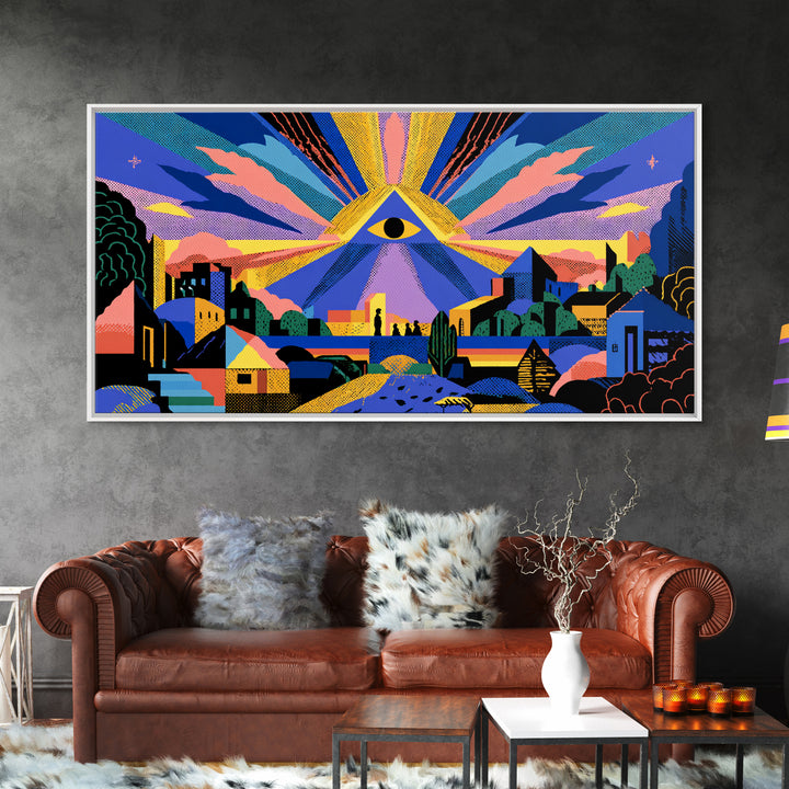 All Seeing Eye Over Colorful City Wall Art, Spiritual Midcentury Modern Print, Psychedelic Retro Poster, Mystical Decor Gift