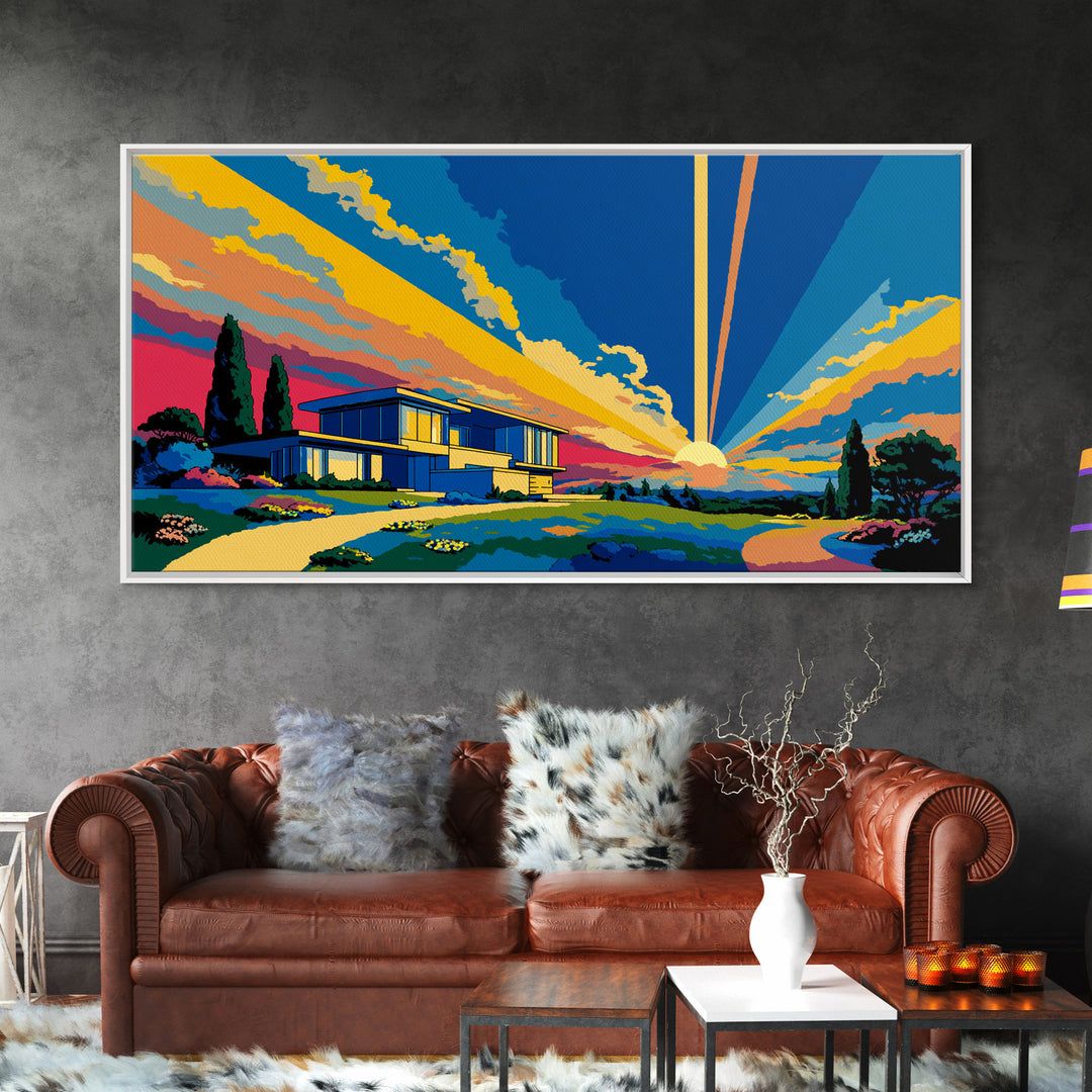 Modernist Home At Sunset Framed Canvas Print, Midcentury Modern Wall Art, Palm Springs Architecture Decor, MCM Poster Print