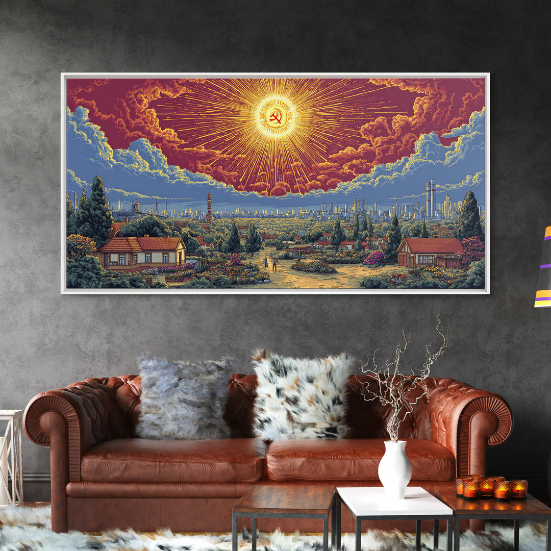 Radiant Socialist Sunrise Over Garden City Wall Art, Retro Futurist Poster, Midcentury Modern Decor, Bold Landscape Print