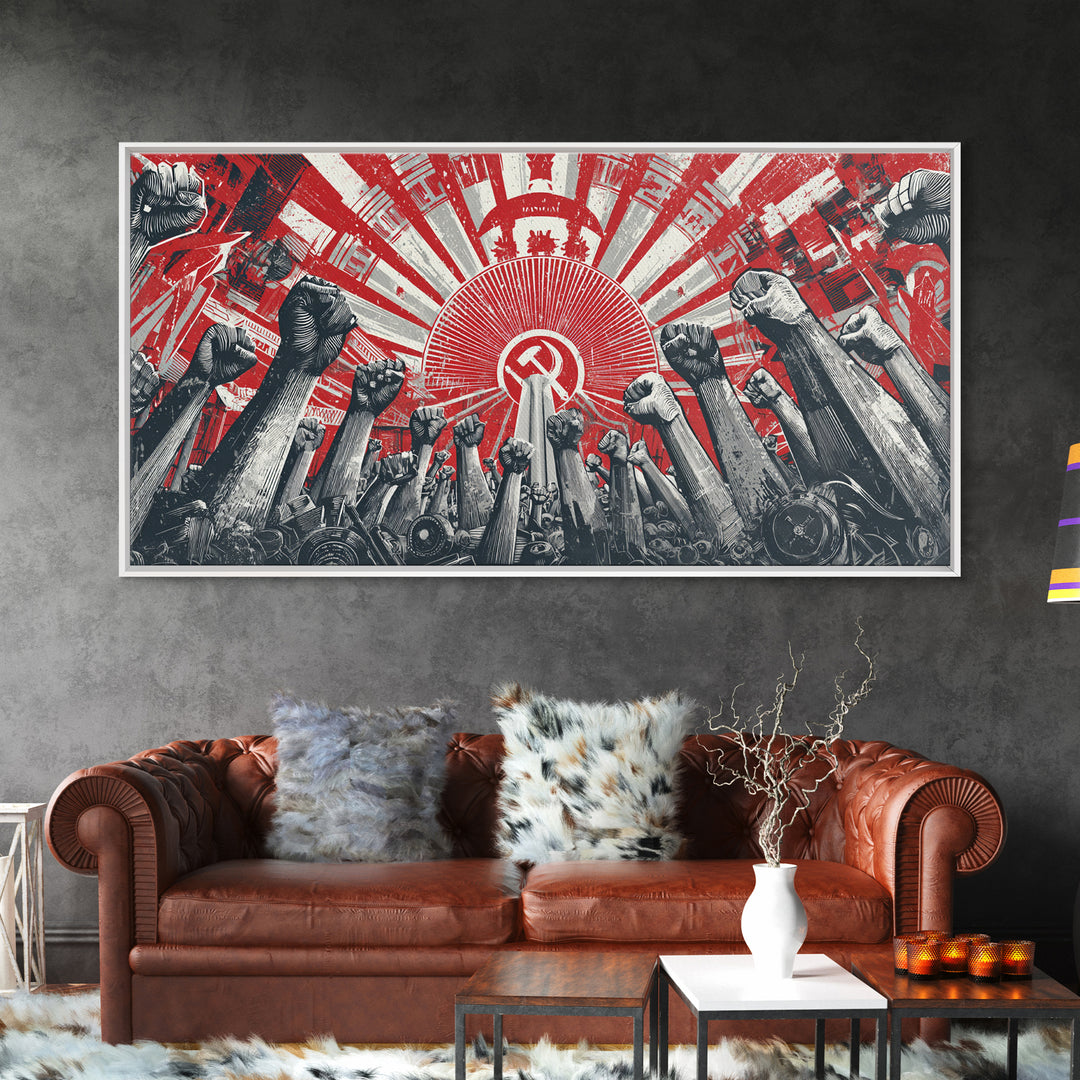 Raised Fists Revolutionary Sunburst Wall Art, Red Black Retro Poster, Midcentury Modern Decor, Bold Graphic Protest Print