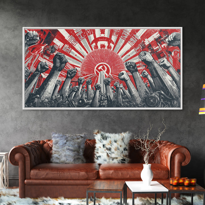 Raised Fists Revolutionary Sunburst Wall Art, Red Black Retro Poster, Midcentury Modern Decor, Bold Graphic Protest Print
