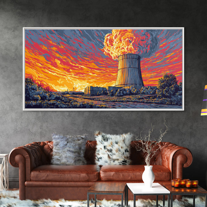 Fiery Nuclear Cooling Tower Sunset Canvas Print, Industrial Retro Futurist Poster, Midcentury Modern Wall Decor, Orange Sky Art