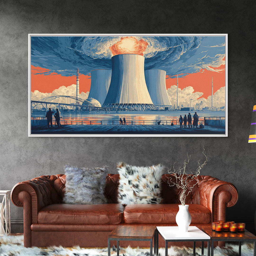 Waterfront Nuclear Power Station Framed Canvas Print, Retro Futurist Industrial Poster, Midcentury Modern Wall Art Decor