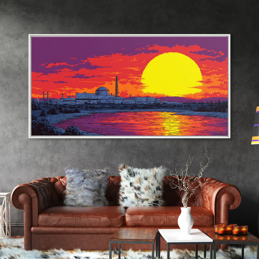 Purple Sunset Nuclear Plant Canvas Print, Retro Futurist Industrial Poster, Midcentury Modern Wall Art, Orange Lake Decor