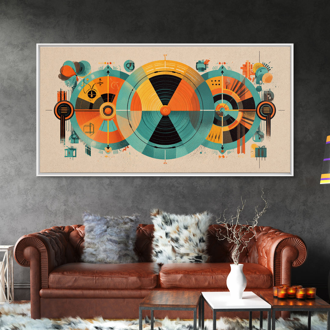 Abstract Atomic Circles And Teal Orange Geometry Wall Art, Bauhaus Midcentury Modern Decor, Retro Geometric Poster Print