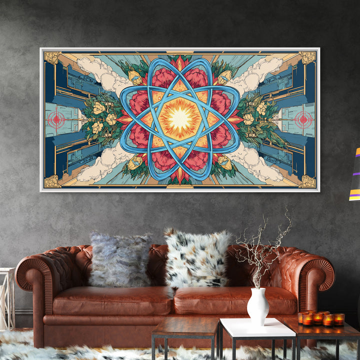 Ornate Atomic Starburst Kaleidoscope Framed Canvas Print, Symmetrical Retro Futurist Poster, Midcentury Modern Wall Art Decor