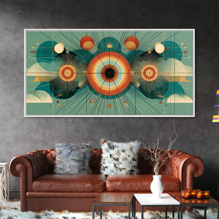Cosmic Eye With Planets And Sunbursts Wall Art, Atomic Retro Futurist Poster, Midcentury Modern Geometric Teal Decor Print