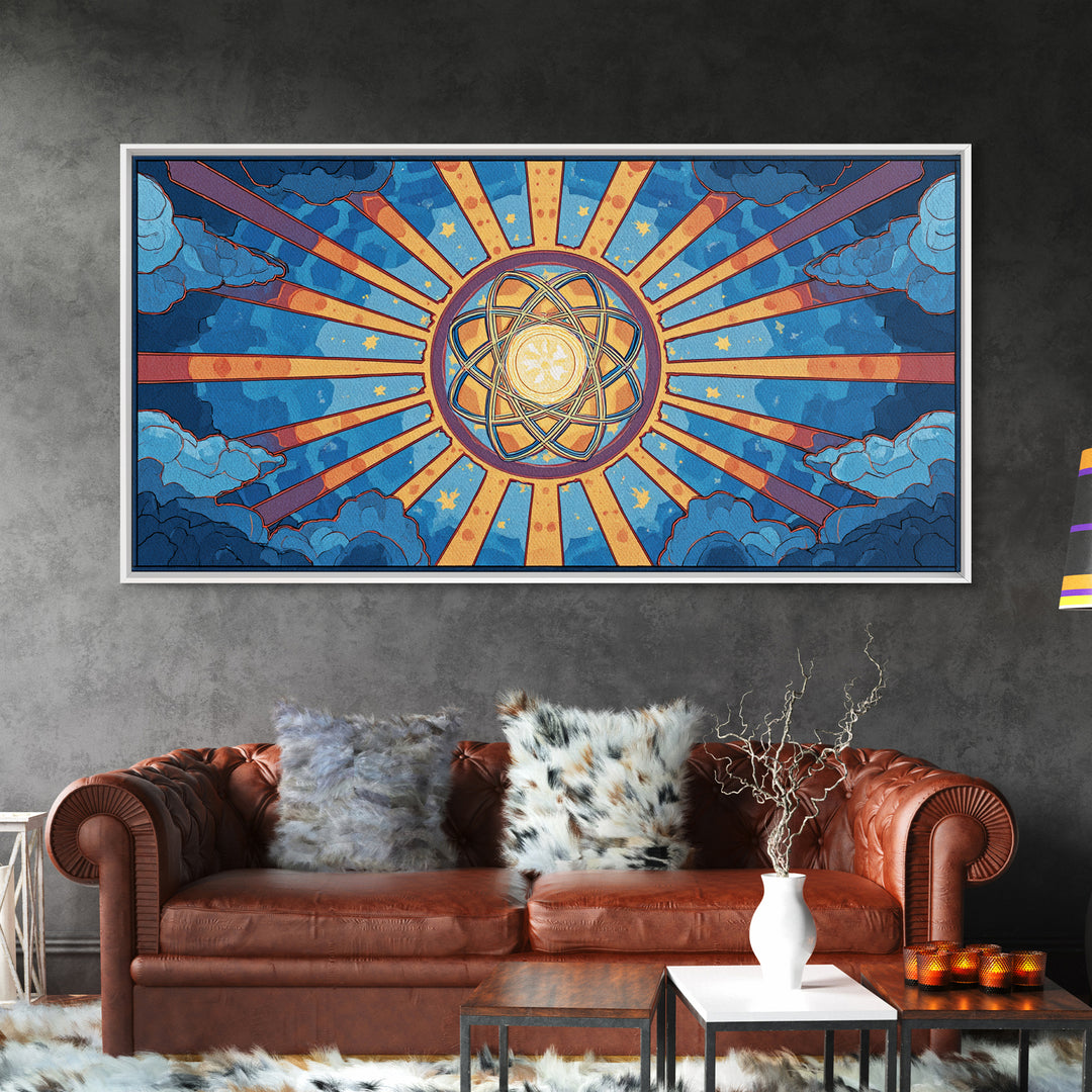 Celestial Atomic Starburst In Blue Clouds Canvas Print, Retro Futurist Midcentury Modern Wall Art, Geometric Poster Decor