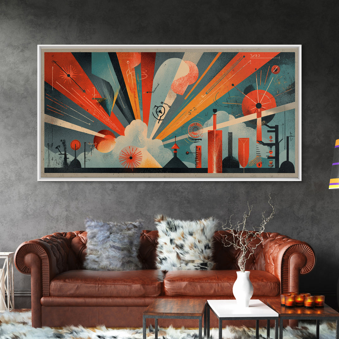 Atomic Orange Teal Geometric Burst Wall Art, Midcentury Modern Decor, Retro Abstract Art Print, Bauhaus Office Home Decor