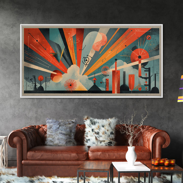 Atomic Orange Teal Geometric Burst Wall Art, Midcentury Modern Decor, Retro Abstract Art Print, Bauhaus Office Home Decor