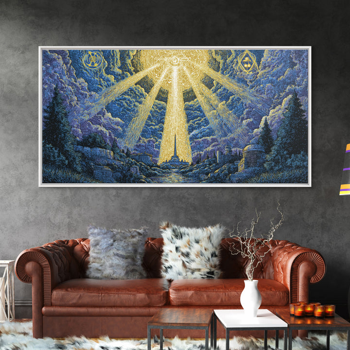 Mystic Mountain Valley With Divine Light Framed Canvas Print, Spiritual Wall Art, Blue Nature Decor, Celestial Home Office