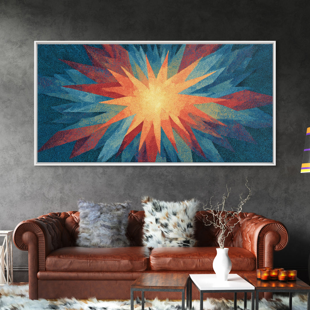 Red Blue Abstract Starburst Canvas Print, Bright Modern Wall Art, Space Abstract Art, Colorful Retro Home Office Decor Print