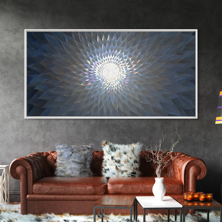 Blue Crystal Radial Mandala Framed Canvas Print, Modern Abstract Wall Art, Geometric Light Decor, Serene Home Office Decor