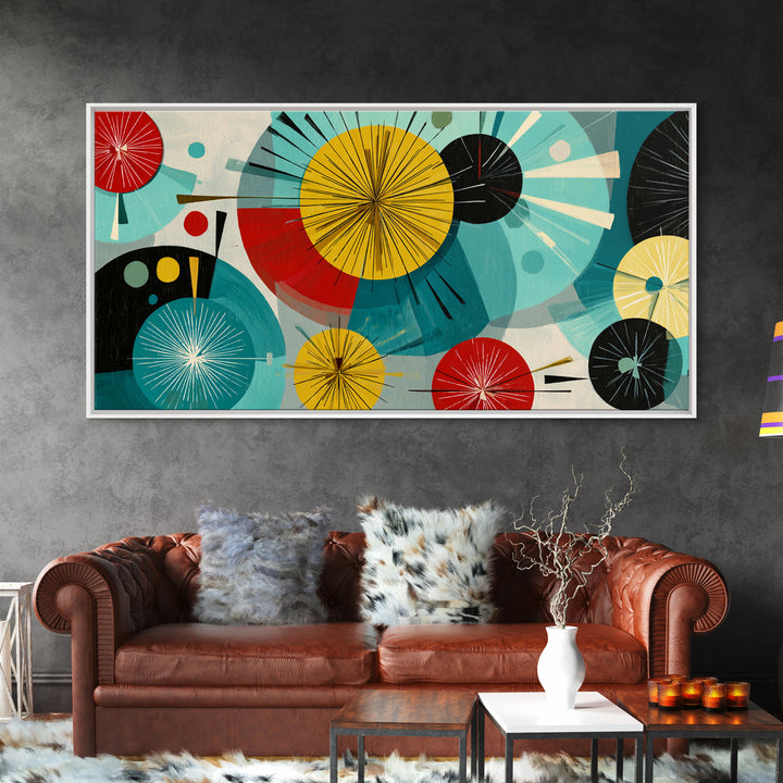 Teal Red Yellow Atomic Circles Wall Art, Midcentury Modern Abstract Art Print, Bauhaus Geometric Decor, Retro Home Office
