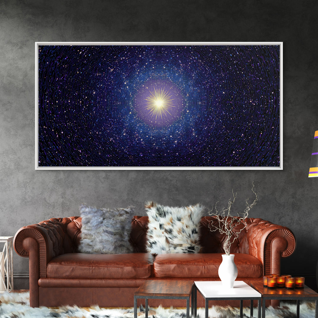 Blue Celestial Starburst Tunnel Canvas Print, Modern Abstract Art, Space Abstract Art, Cosmic Retro Art, Bedroom Wall Art